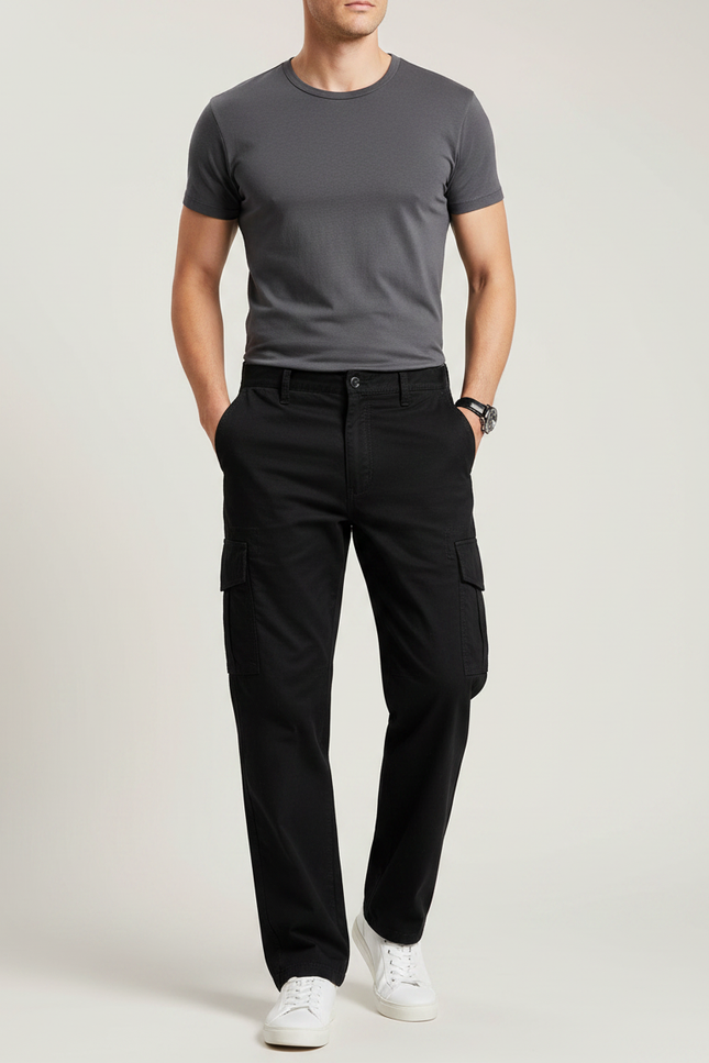 Pantalon Noir Cargo Coton Ample Décontracté Homme