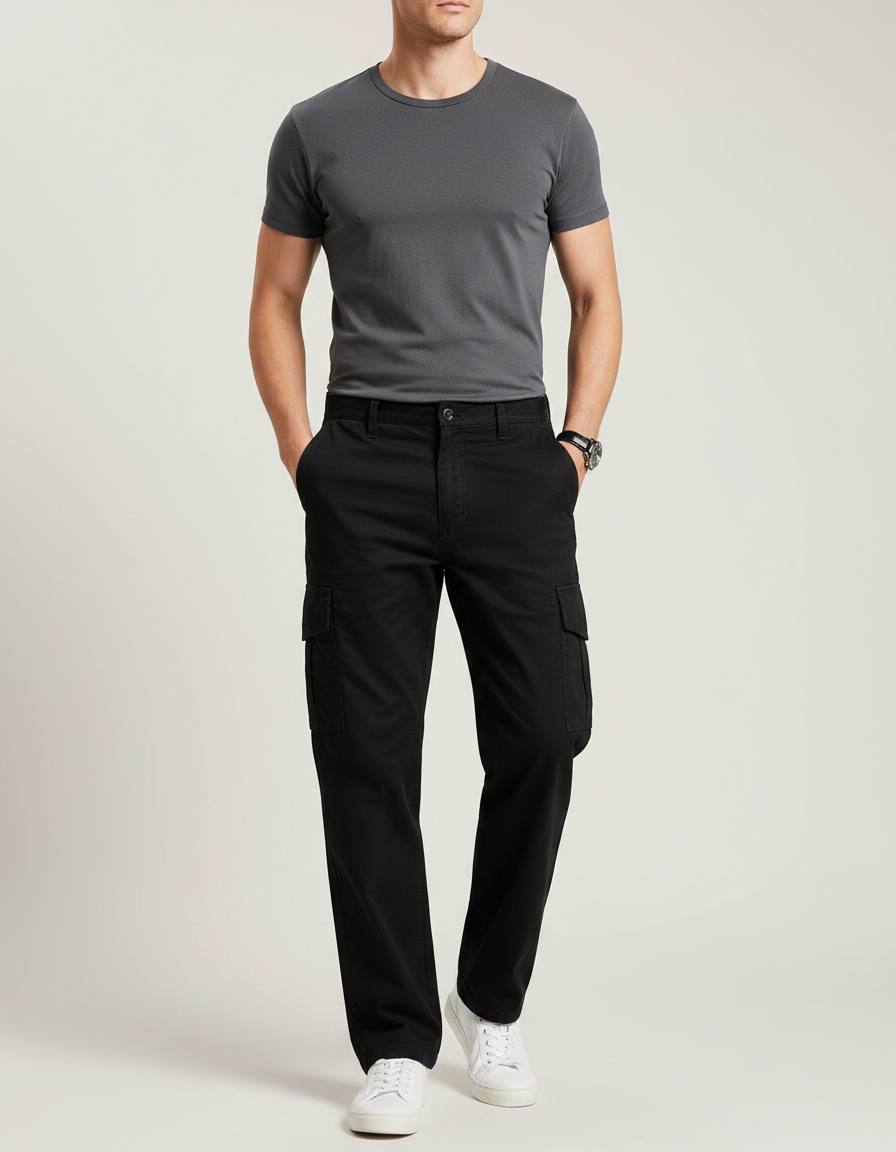 Pantalon Noir Cargo Coton Ample Décontracté Homme