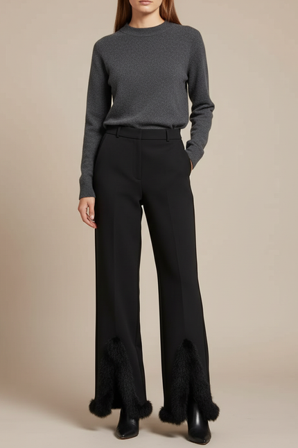 Pantalon Noir Fendu Évasé Fourrure Élégant Femme - Polyester