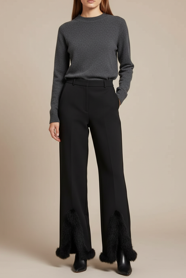 Pantalon Noir Fendu Évasé Fourrure Élégant Femme - Polyester