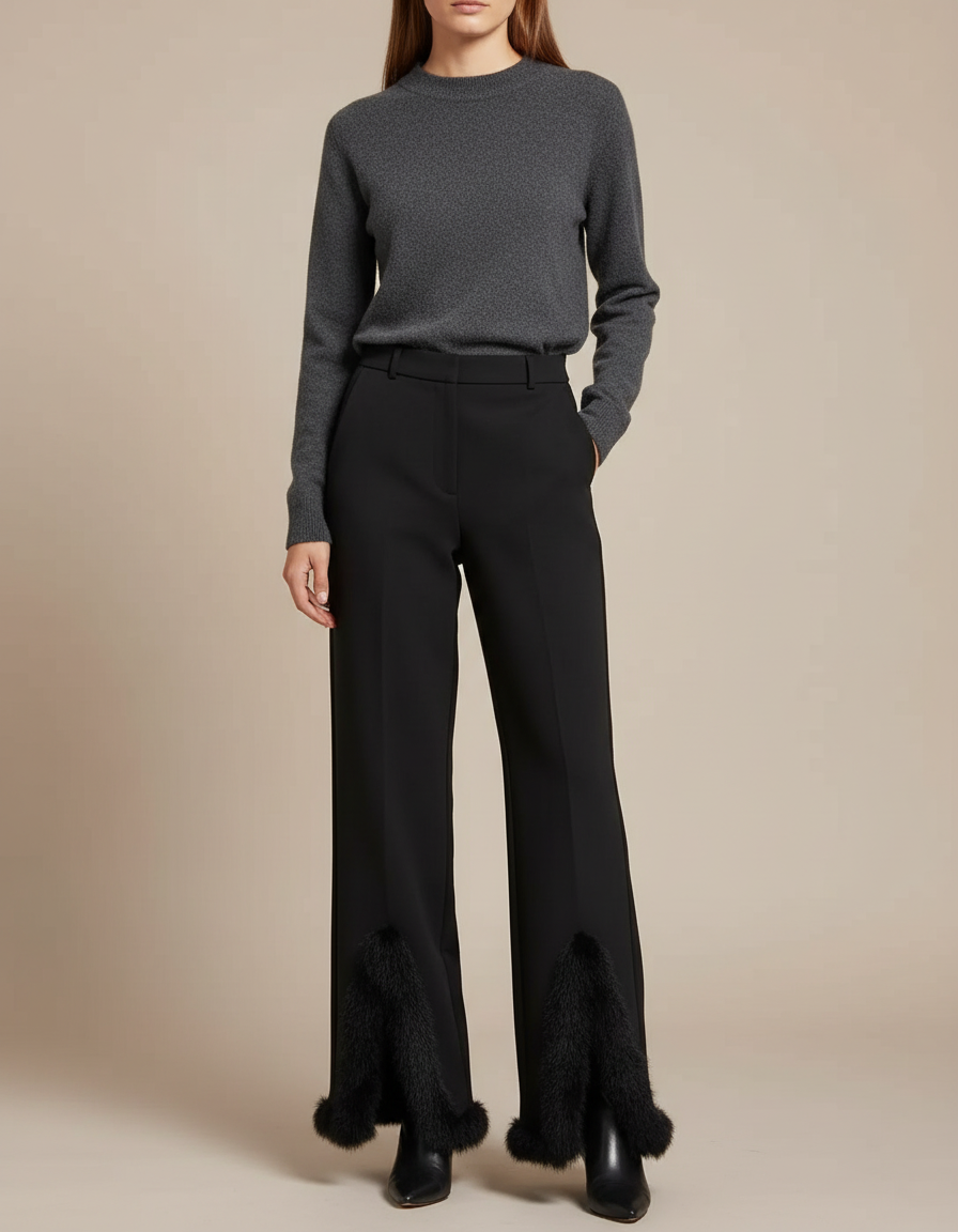 Pantalon Noir Fendu Évasé Fourrure Élégant Femme - Polyester