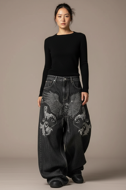 Pantalon Noir Ample Brodé Aigle Streetwear Femme - Jean