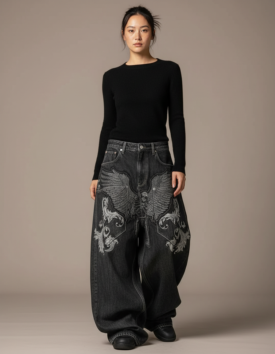 Pantalon Noir Ample Brodé Aigle Streetwear Femme - Jean