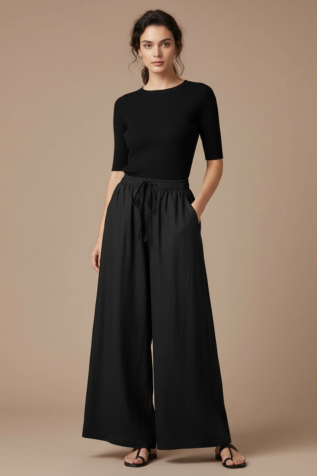 Pantalon Noir Lin Ample Cordon Fluide Femme