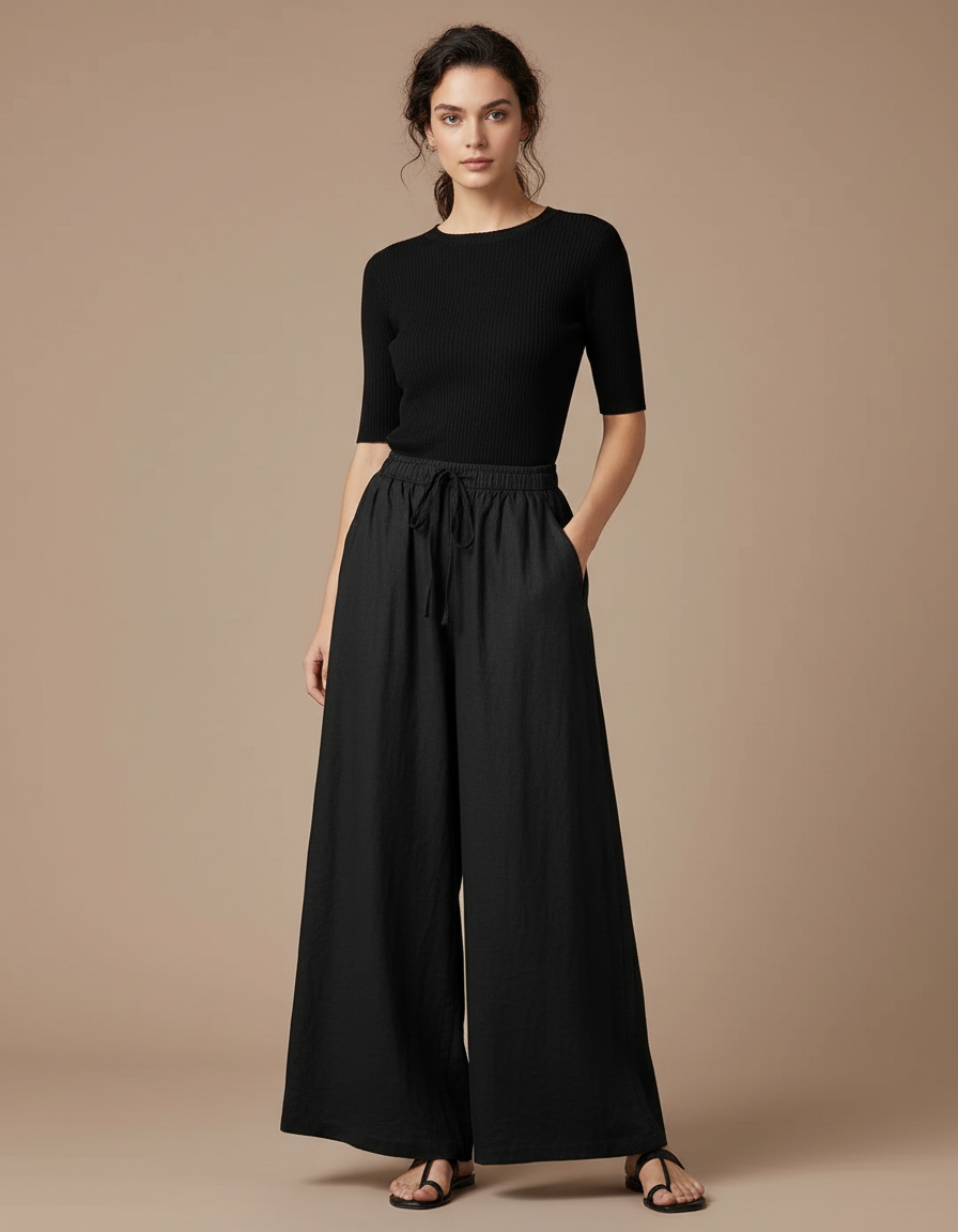 Pantalon Noir Lin Ample Cordon Fluide Femme