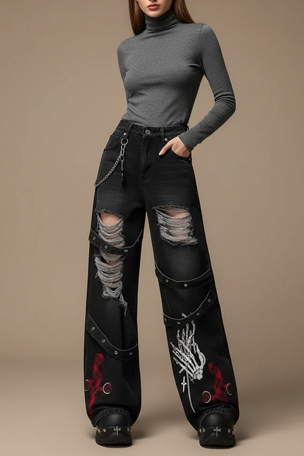 Pantalon Noir Déchiré Brodé Large Streetwear Gothique - Jean
