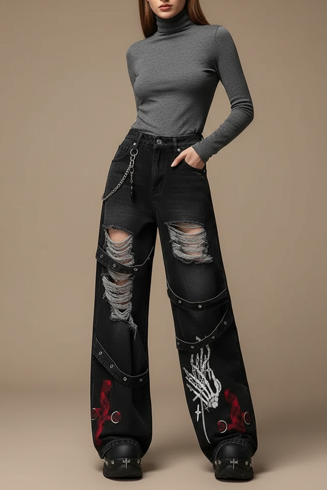 Pantalon Noir Déchiré Brodé Large Streetwear Gothique - Jean