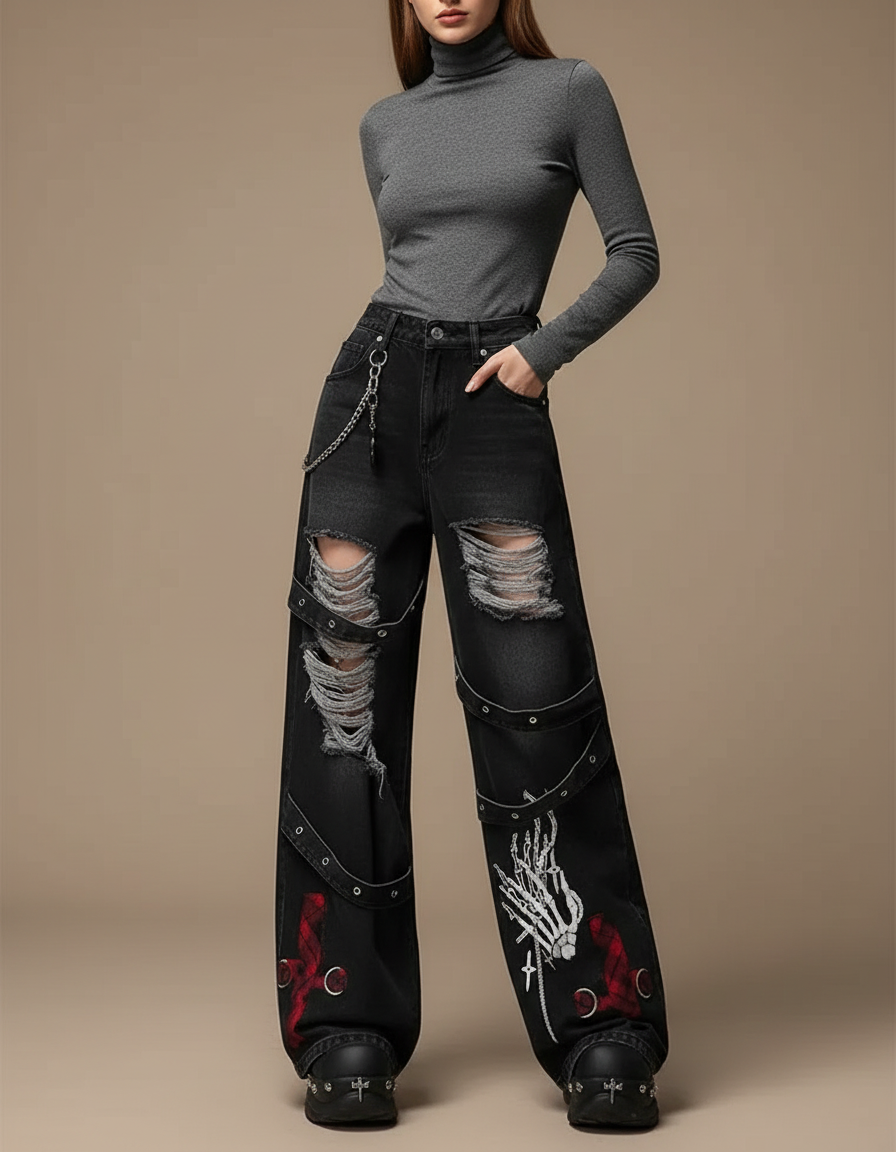 Pantalon Noir Déchiré Brodé Large Streetwear Gothique - Jean