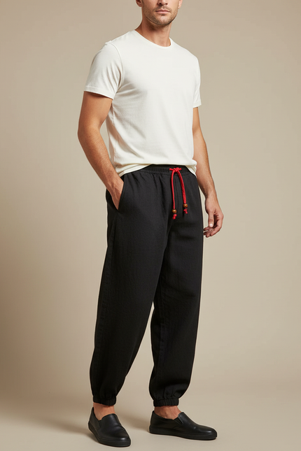 Pantalon Noir Harem Coton Lin Ample Décontracté