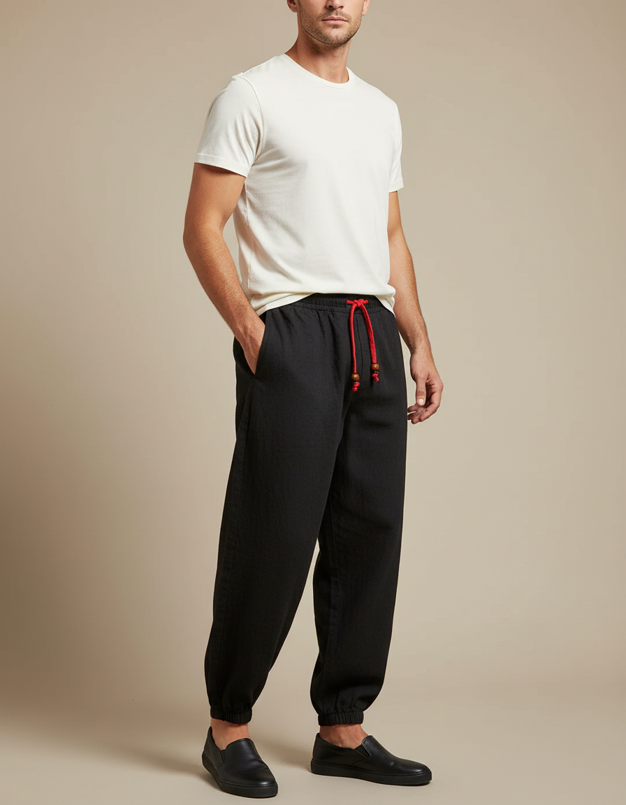 Pantalon Noir Harem Coton Lin Ample Décontracté