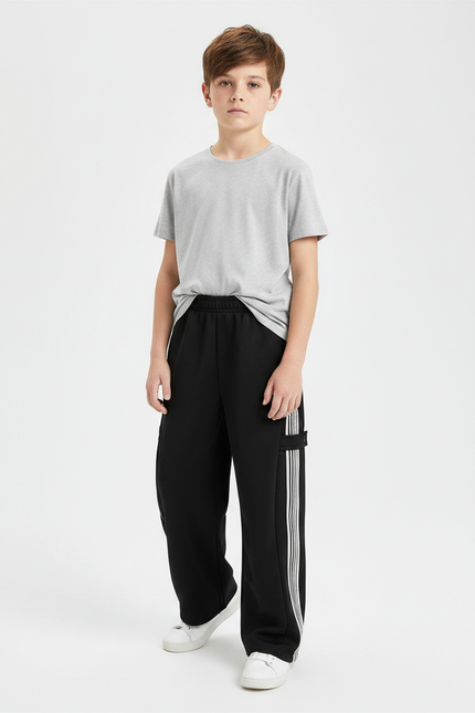 Pantalon Noir Garçon Ample Sport Rayures Latérales - Molleton