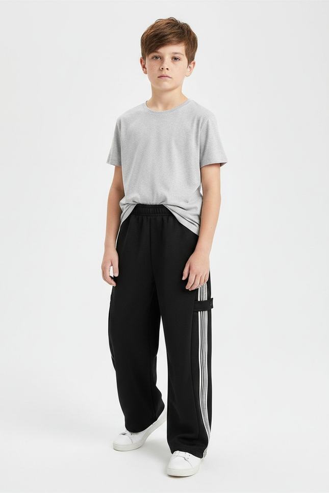 Pantalon Noir Garçon Ample Sport Rayures Latérales - Molleton