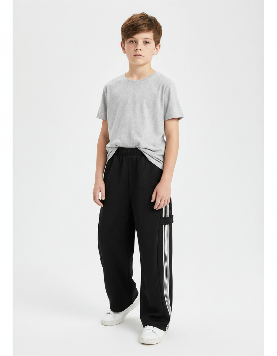 Pantalon Noir Garçon Ample Sport Rayures Latérales - Molleton