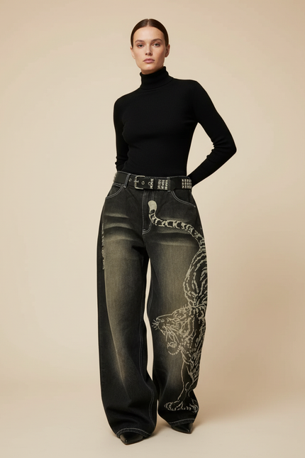 Pantalon Noir Ample Délavé Brodé Serpent Streetwear - Jean
