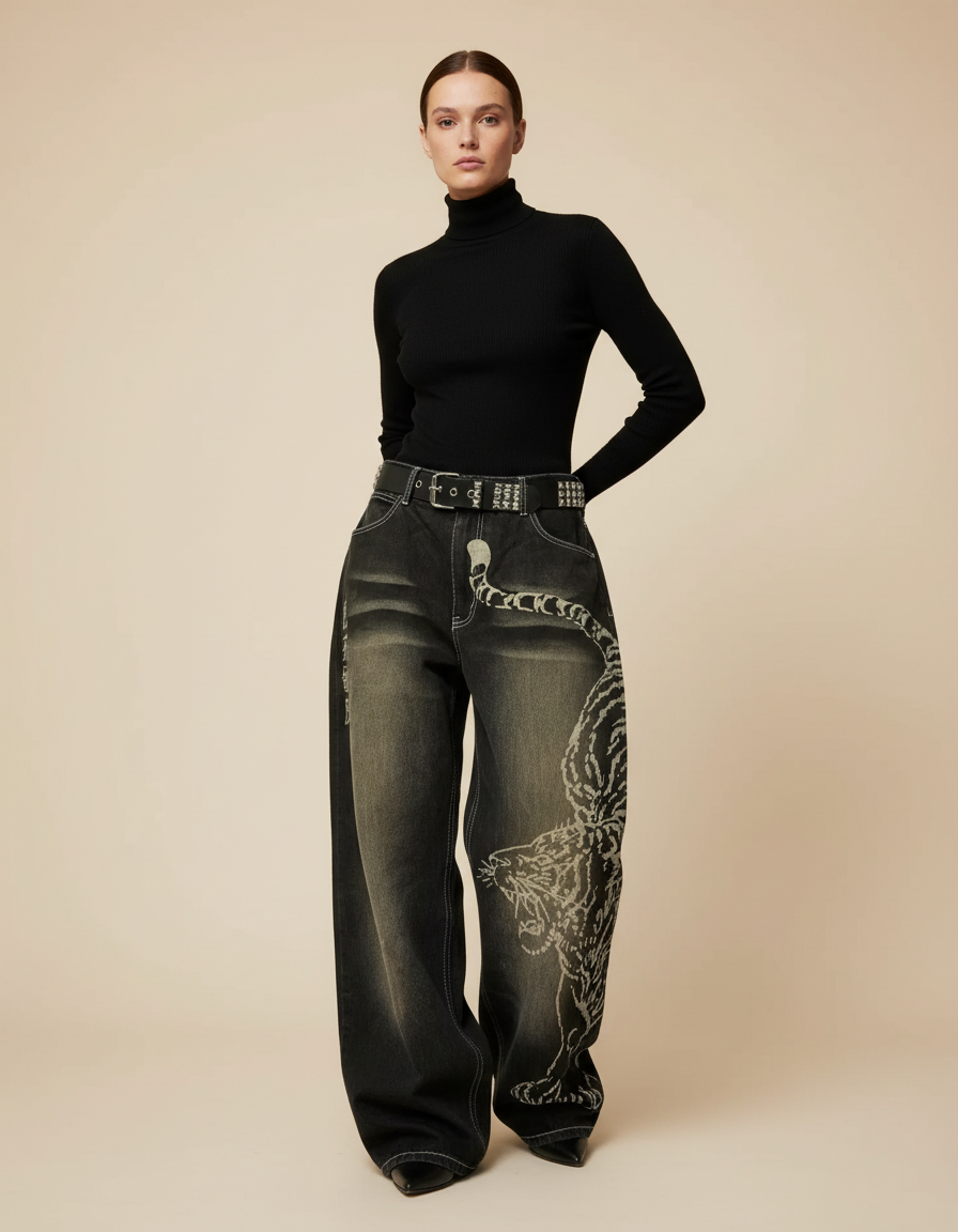 Pantalon Noir Ample Délavé Brodé Serpent Streetwear - Jean