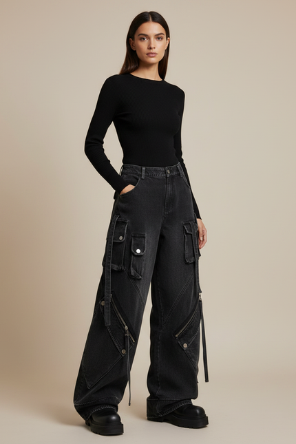 Pantalon Noir Cargo Baggy Denim Y2K Zippé - Jean