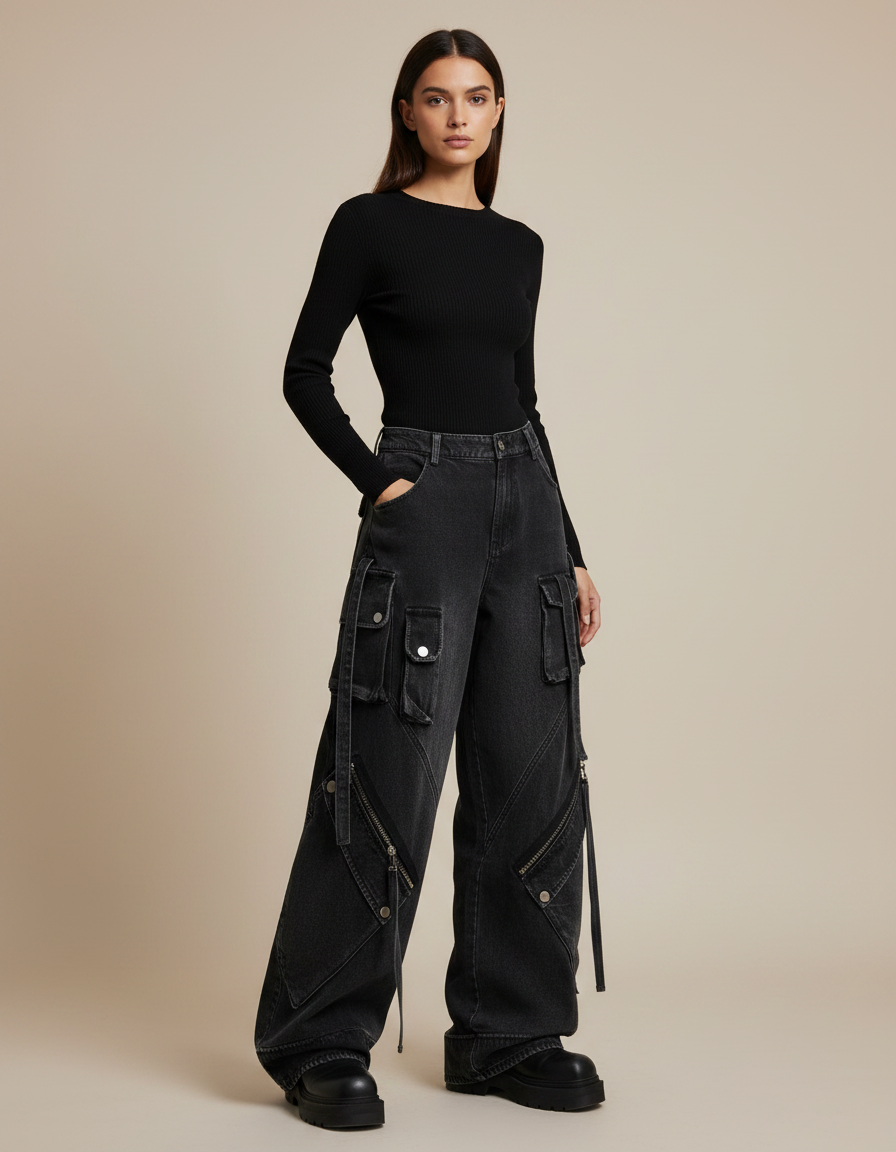 Pantalon Noir Cargo Baggy Denim Y2K Zippé - Jean