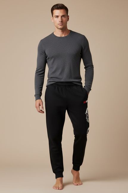 Pantalon Noir Jogger Coton Décontracté Imprimé Sport - Molleton