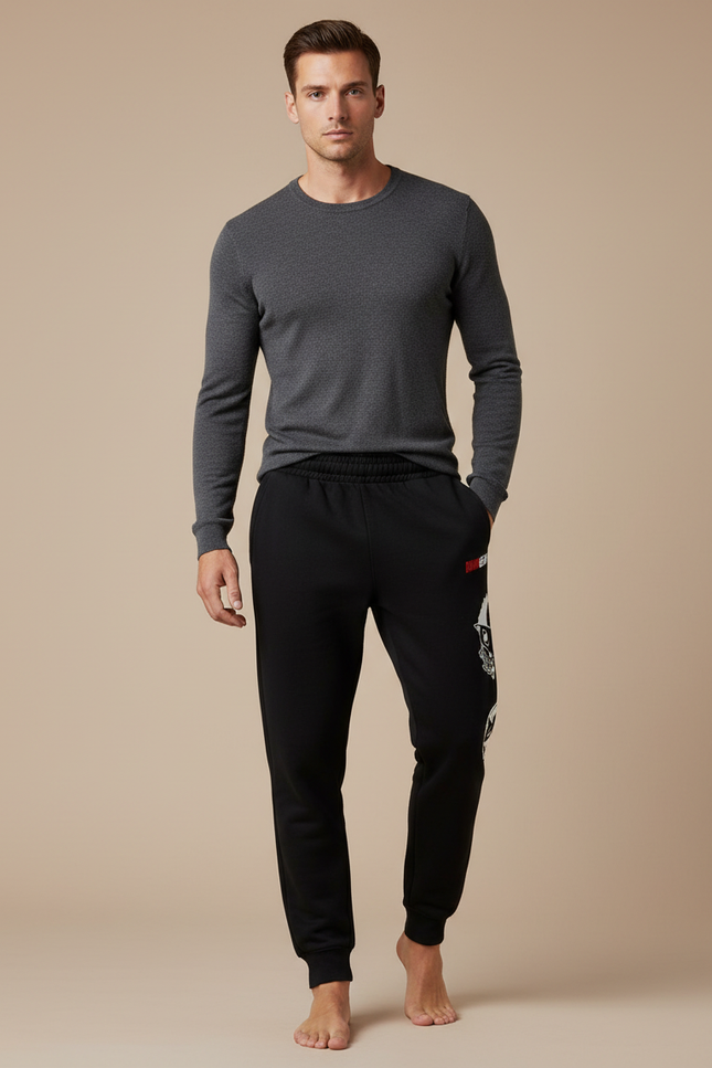 Pantalon Noir Jogger Coton Décontracté Imprimé Sport - Molleton
