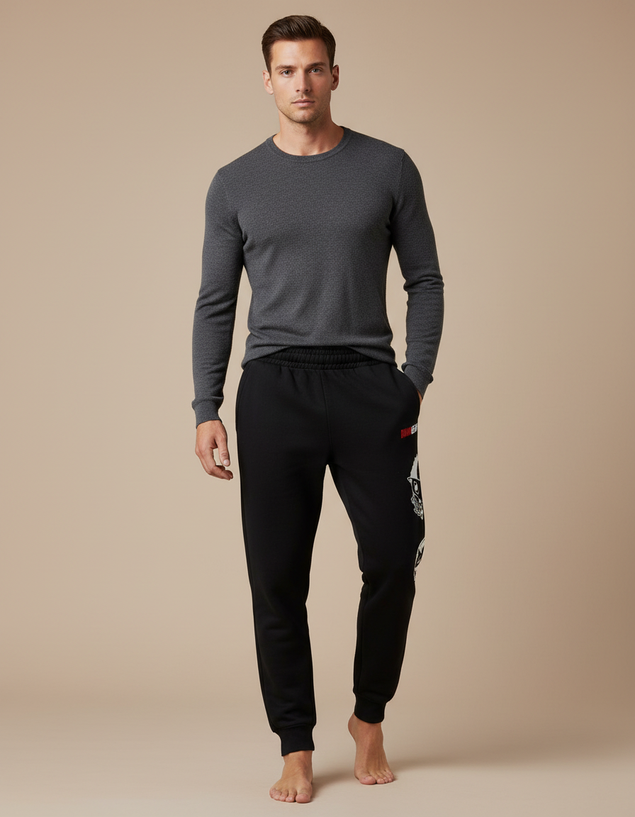 Pantalon Noir Jogger Coton Décontracté Imprimé Sport - Molleton