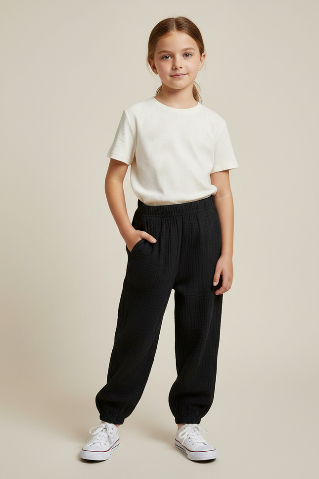 Pantalon Noir Ample Coton Gaufré Enfant Confortable