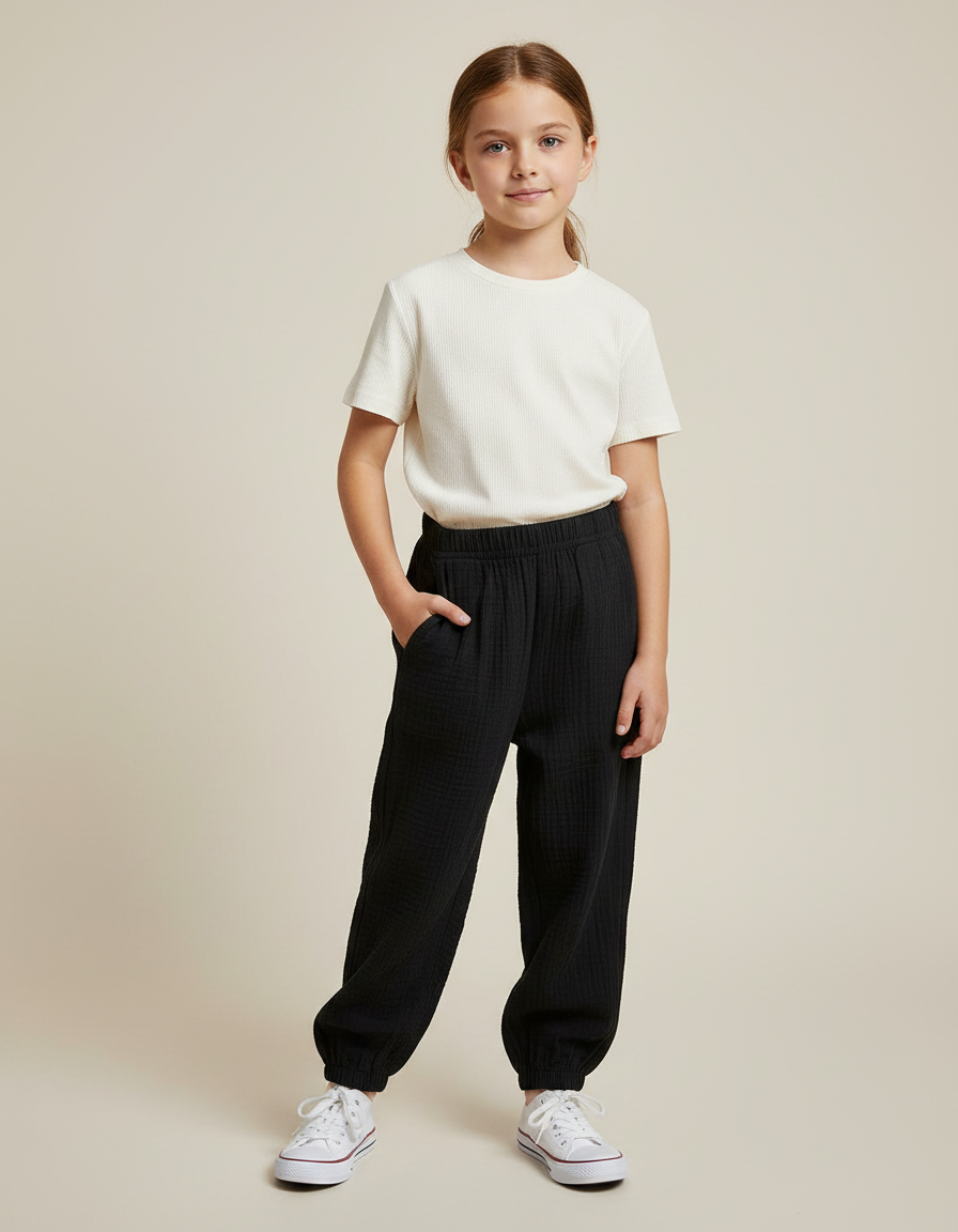 Pantalon Noir Ample Coton Gaufré Enfant Confortable
