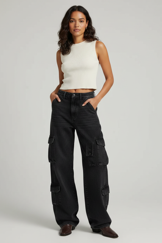 Pantalon Noir Cargo Ample Femme Décontracté - Jean