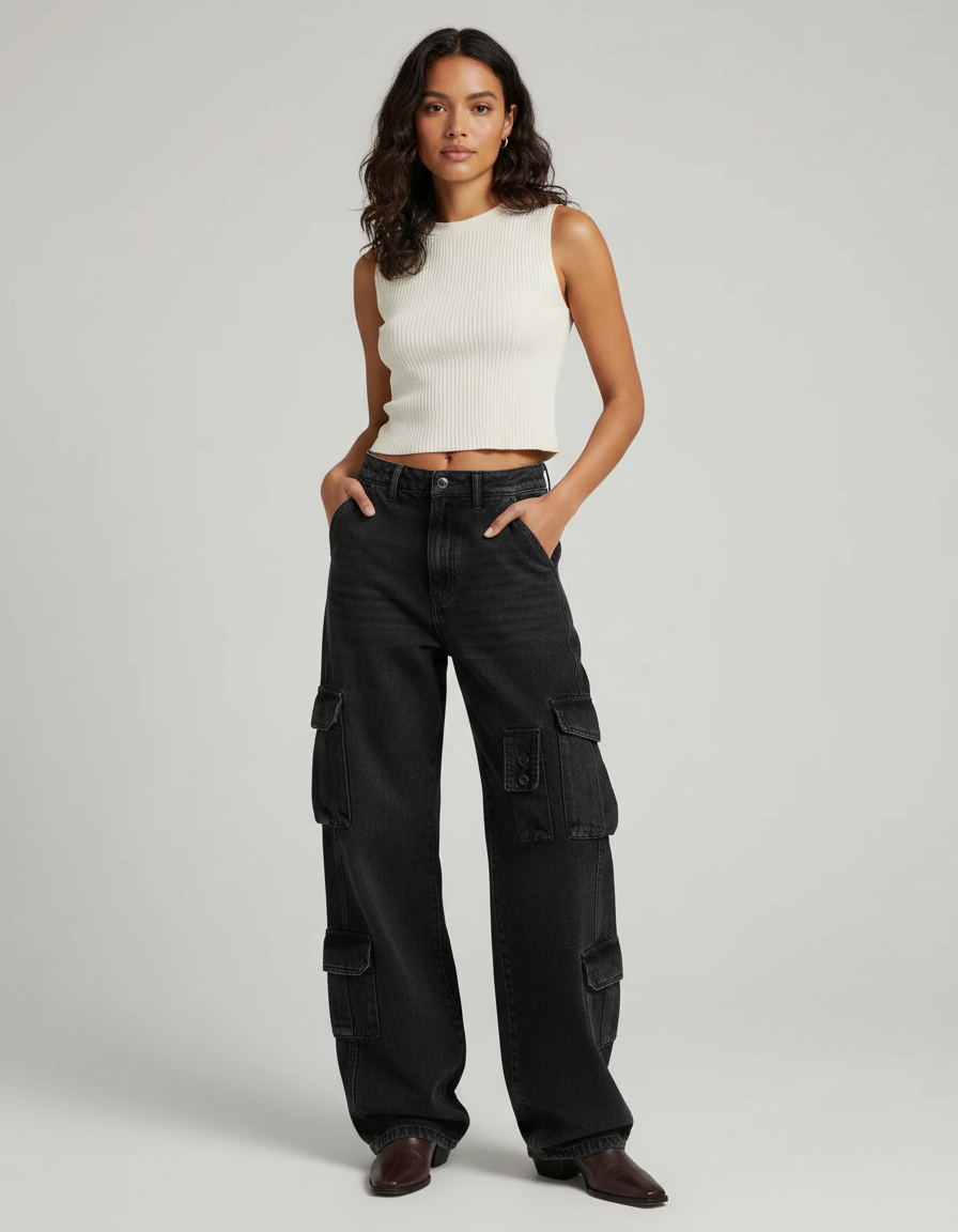 Pantalon Noir Cargo Ample Femme Décontracté - Jean