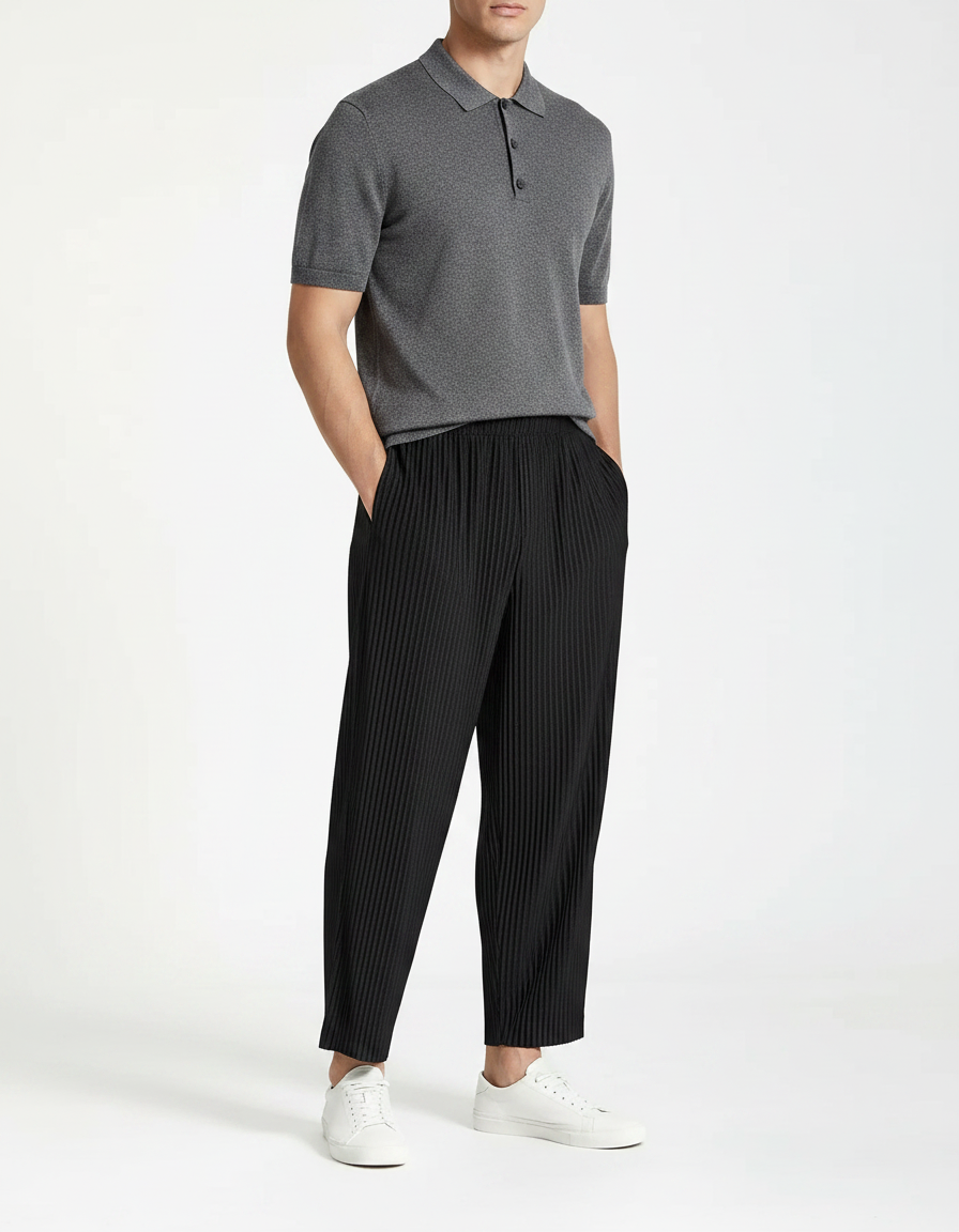 Pantalon Noir Plissé Ample Décontracté Léger - Polyester