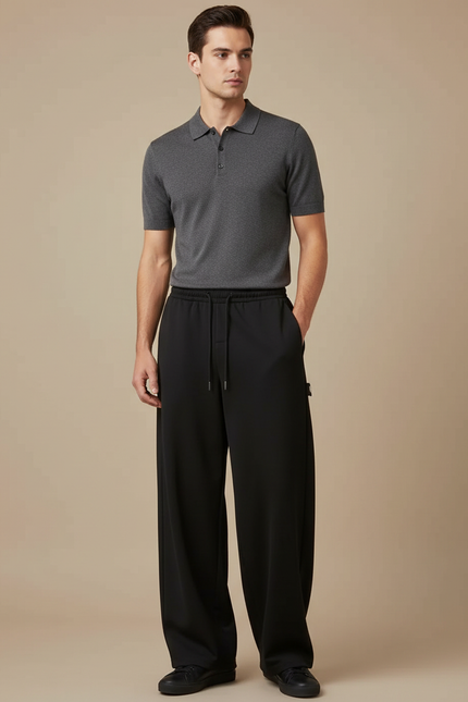 Pantalon Noir Ample Décontracté Cordon Droit Homme - Molleton