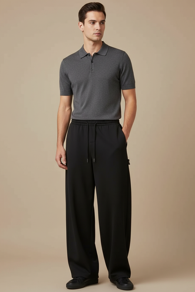 Pantalon Noir Ample Décontracté Cordon Droit Homme - Molleton