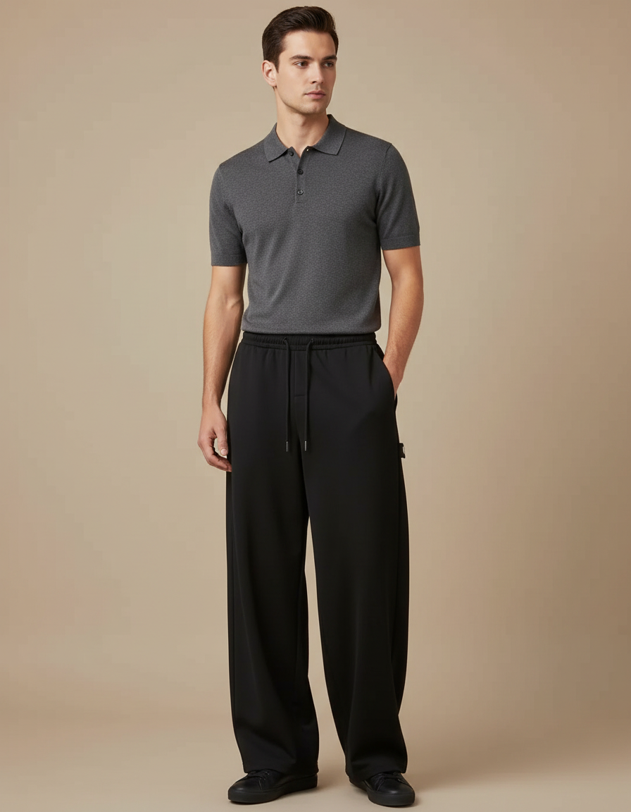 Pantalon Noir Ample Décontracté Cordon Droit Homme - Molleton