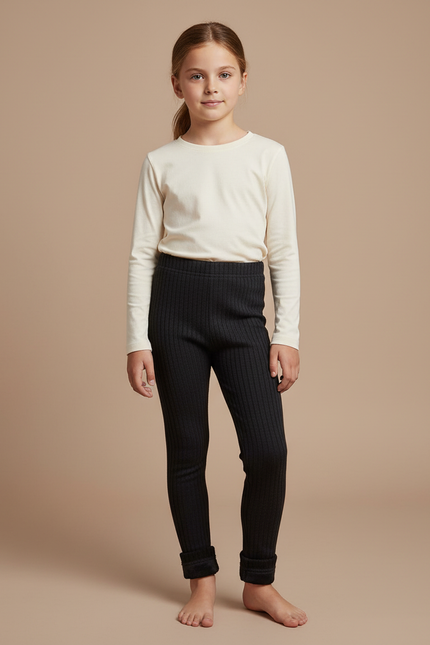Pantalon Noir Côtelé Chaud Extensible Enfant Fille - Maille