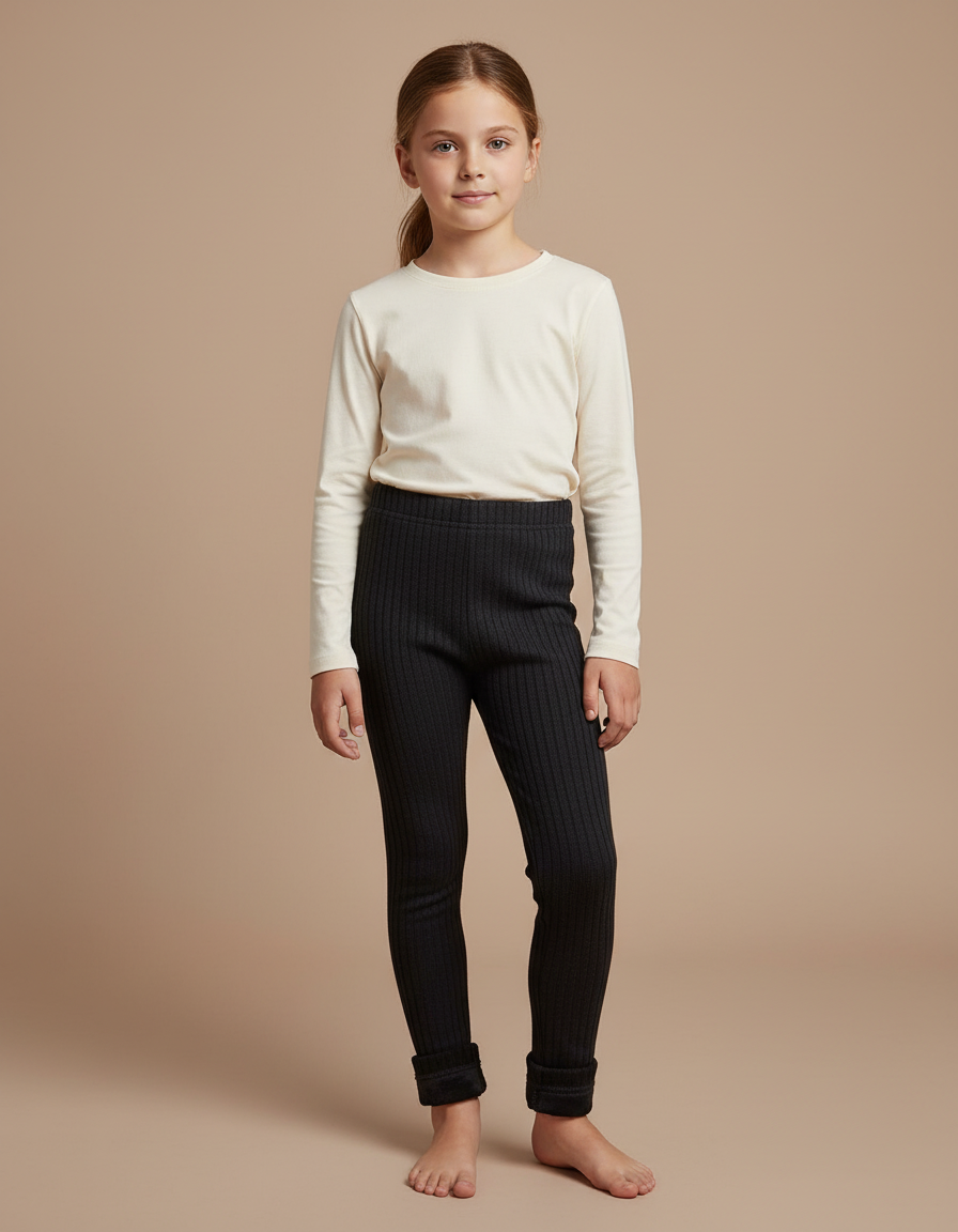 Pantalon Noir Côtelé Chaud Extensible Enfant Fille - Maille