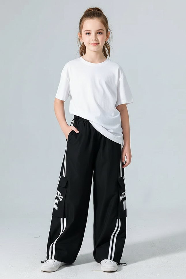 Pantalon Noir Cargo Ample Rayures Blanches Enfant - Polyester