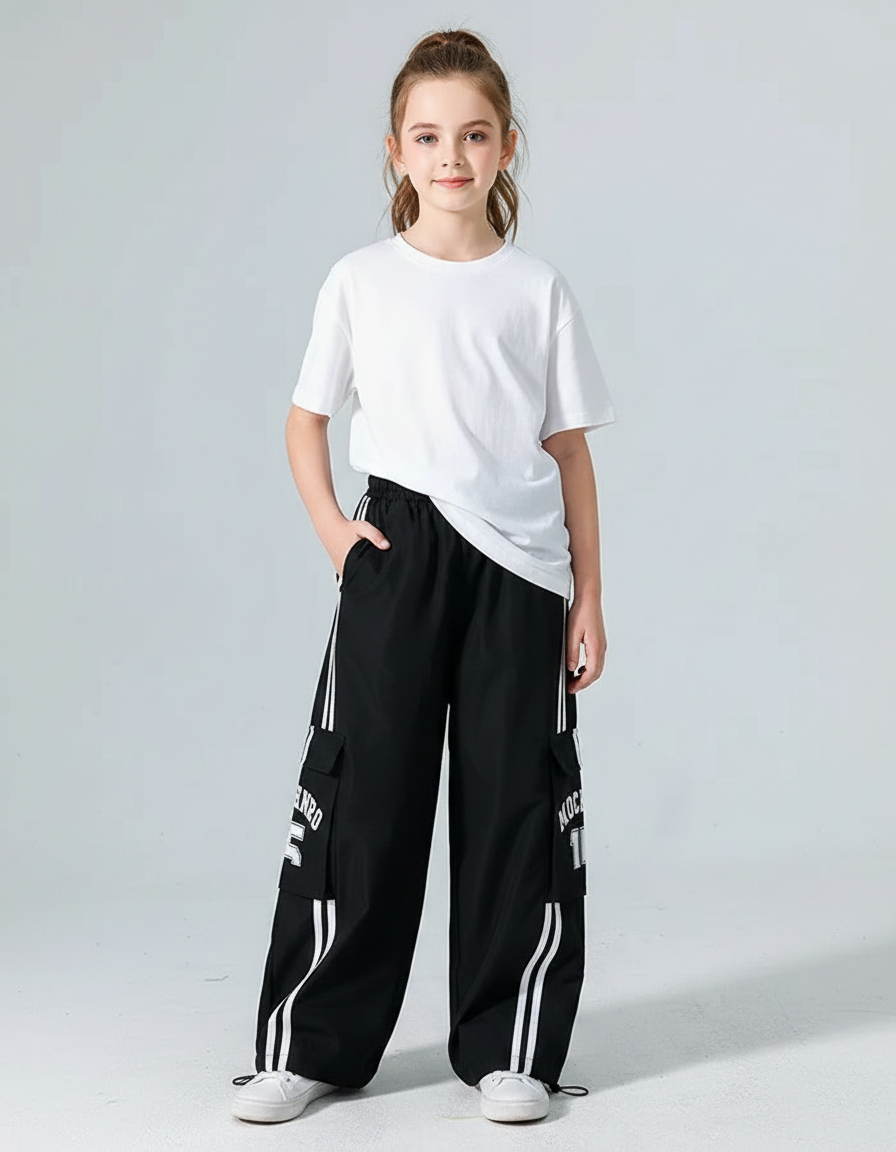 Pantalon Noir Cargo Ample Rayures Blanches Enfant - Polyester