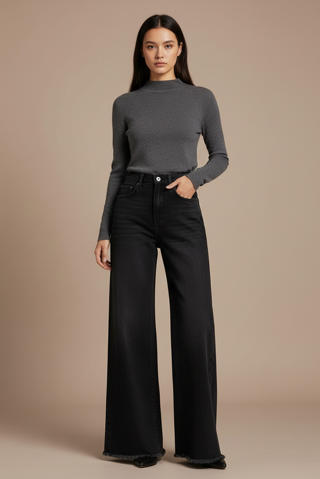 Pantalon Noir Large Décontracté Effiloché Denim Femme - Jean