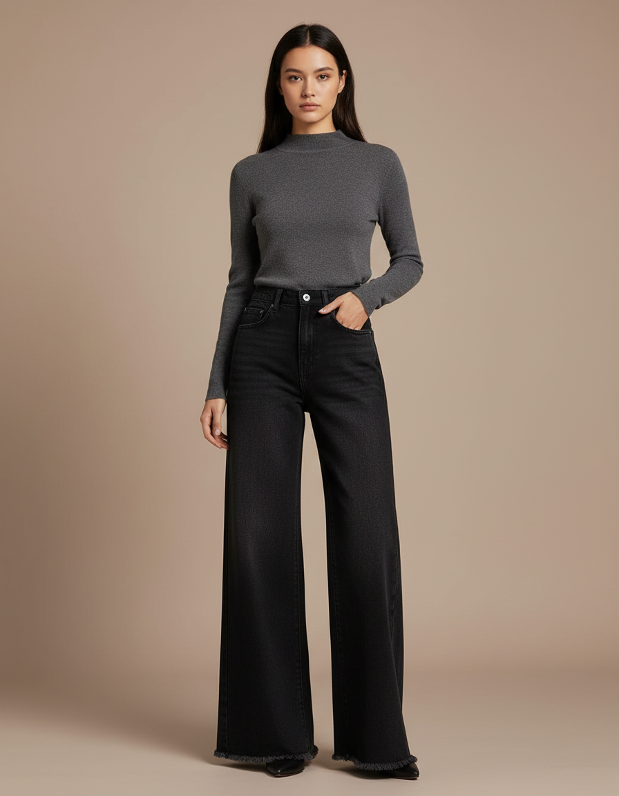 Pantalon Noir Large Décontracté Effiloché Denim Femme - Jean