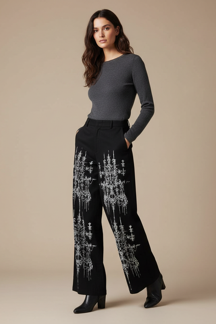 Pantalon Noir Ample Brodé Motifs Blancs Femme - Gabardine