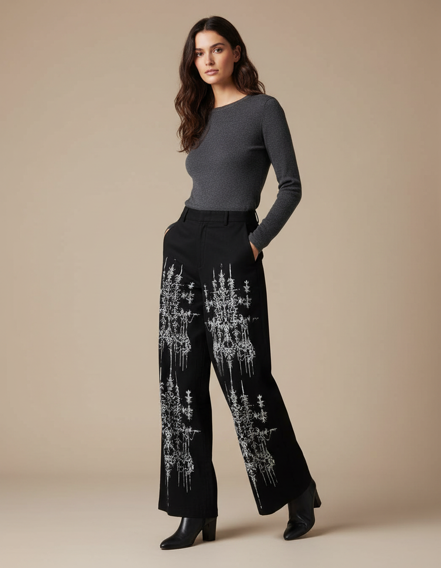Pantalon Noir Ample Brodé Motifs Blancs Femme - Gabardine