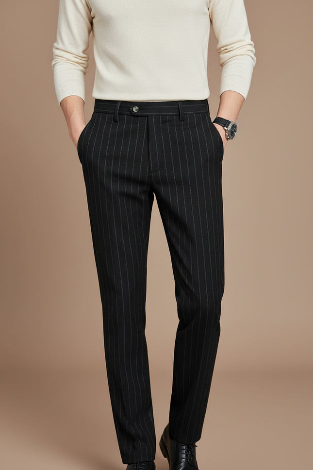 Pantalon Noir Laine Rayé Droit Élégant Homme