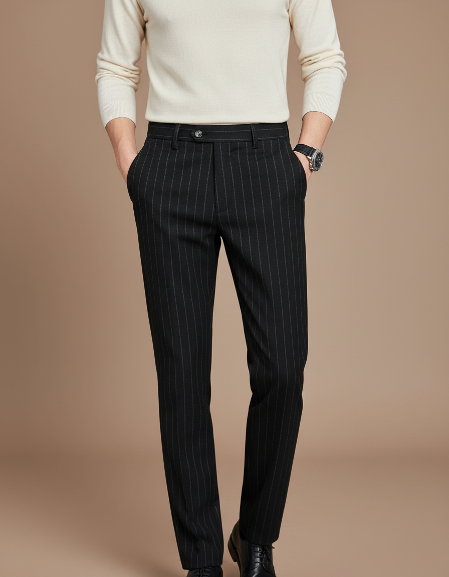 Pantalon Noir Laine Rayé Droit Élégant Homme