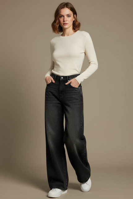 Pantalon Noir Ample Évasé Denim Décontracté - Jean