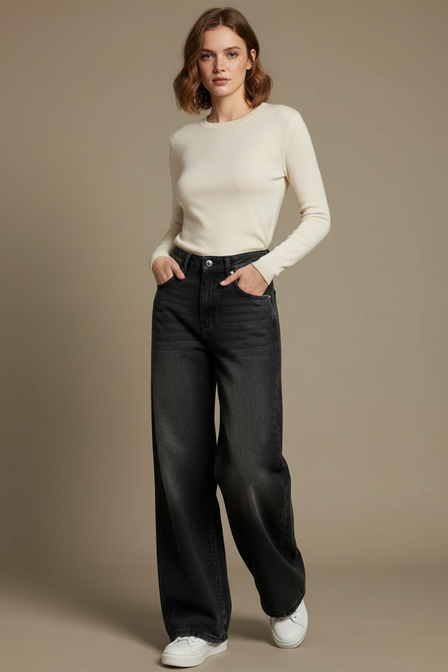 Pantalon Noir Ample Évasé Denim Décontracté - Jean