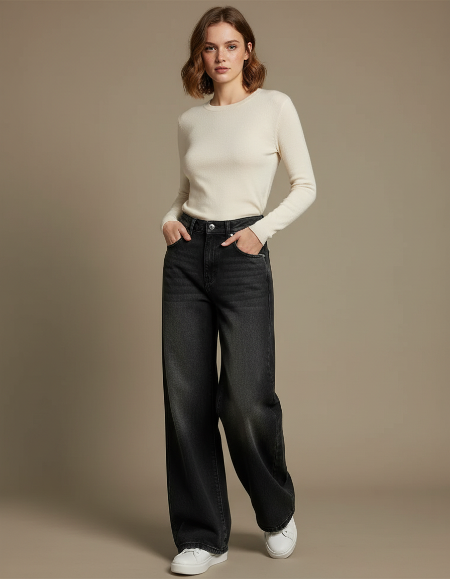 Pantalon Noir Ample Évasé Denim Décontracté - Jean