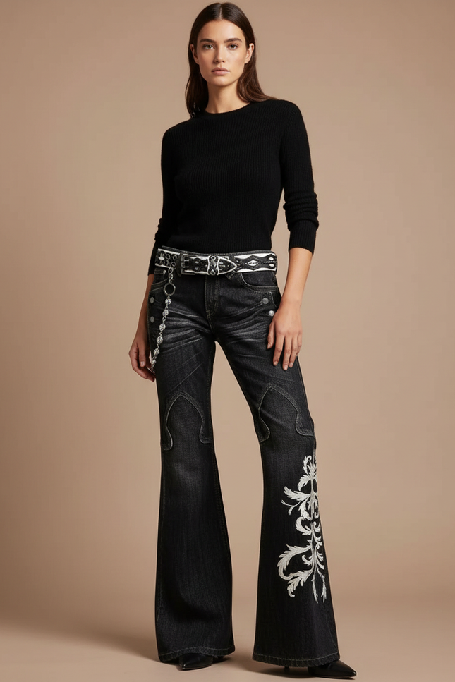 Pantalon Noir Évasé Brodé Vintage Y2K - Jean