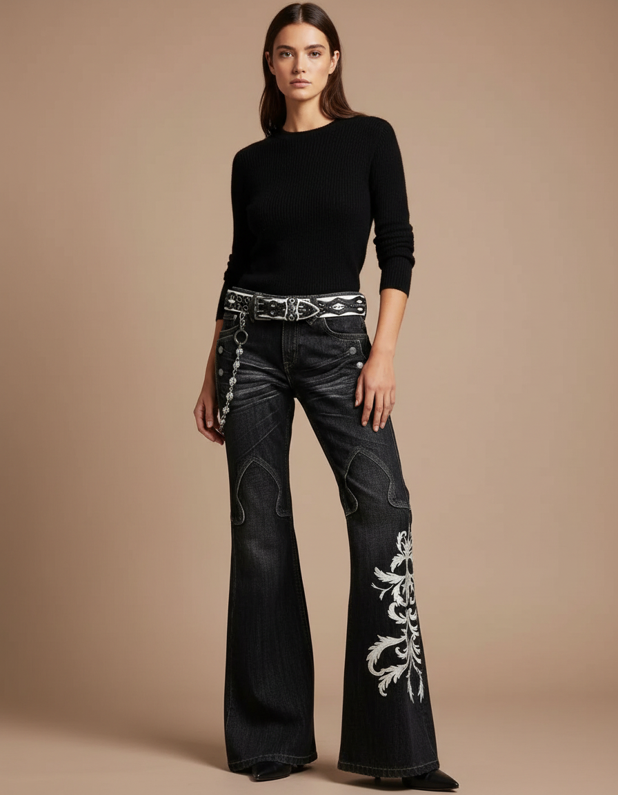 Pantalon Noir Évasé Brodé Vintage Y2K - Jean