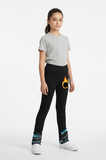 Pantalon Noir Fille Imprimé Élastique Sport Performance - Polyester