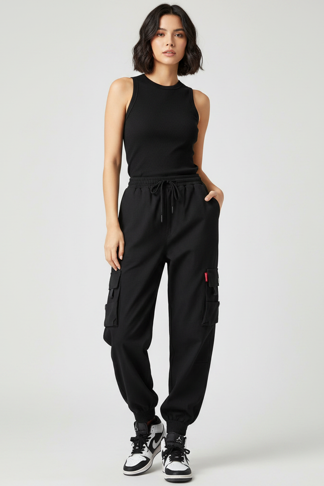 Pantalon Noir Cargo Ample Taille Haute Cordon - Polyester