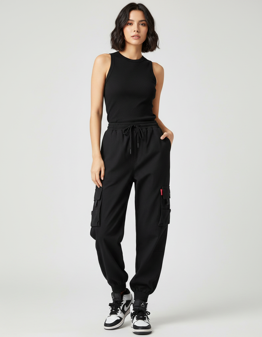 Pantalon Noir Cargo Ample Taille Haute Cordon - Polyester